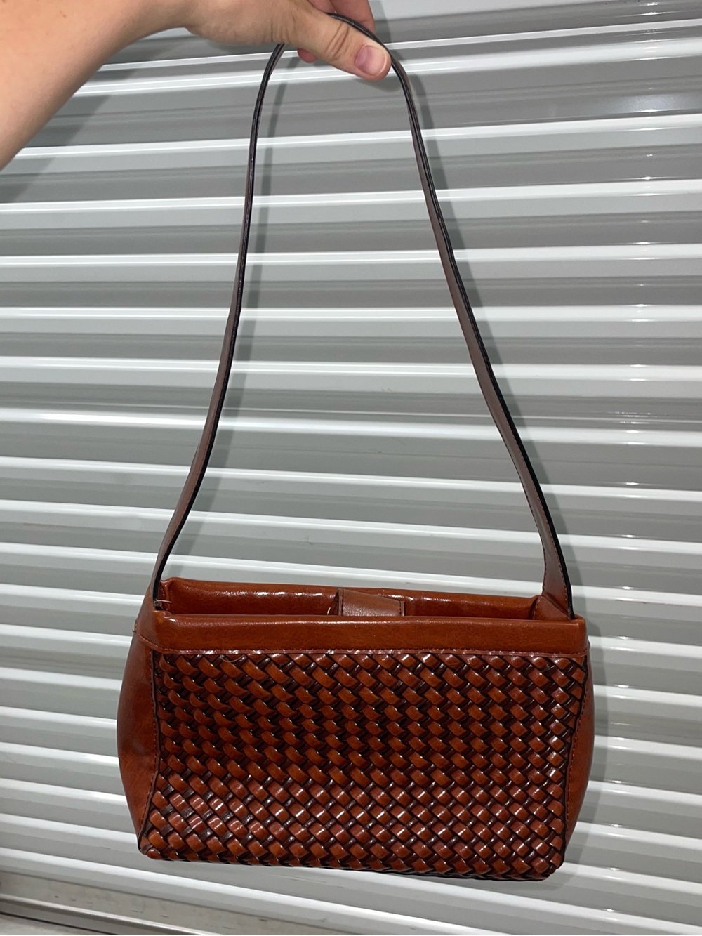 Vintage 1980s 90s Brown Woven Leather Basket Weave Shoulder Bag Summer Boho EUC